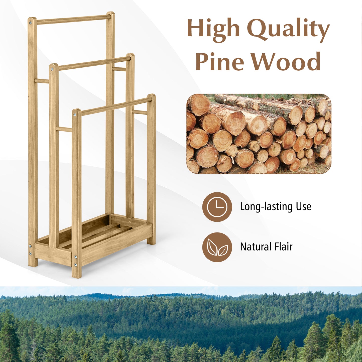 Freestanding Wood Towel Rack with 3 Individual Bars and Bottom Storage Shelf-Natural
