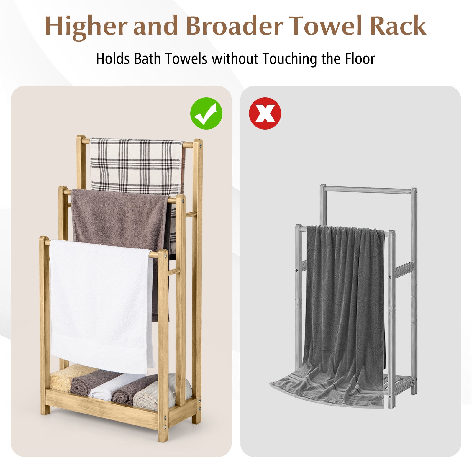 Freestanding Wood Towel Rack with 3 Individual Bars and Bottom Storage Shelf-Natural