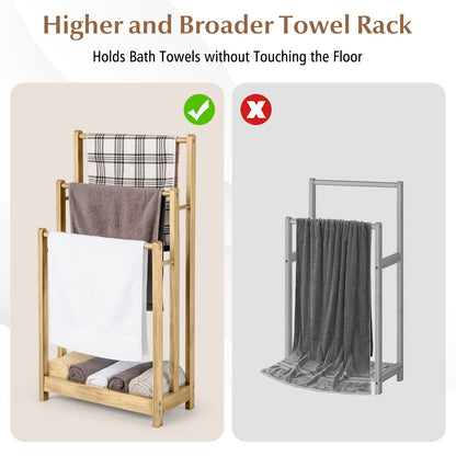 Freestanding Wood Towel Rack with 3 Individual Bars and Bottom Storage Shelf-Natural