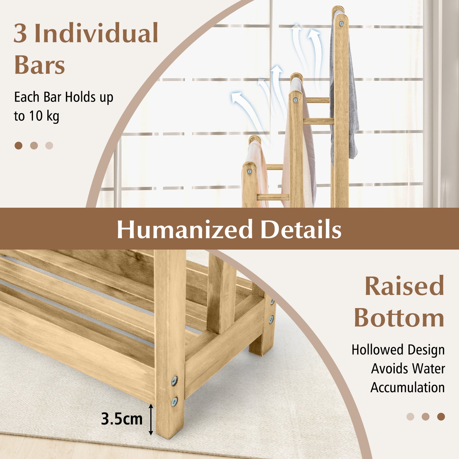 Freestanding Wood Towel Rack with 3 Individual Bars and Bottom Storage Shelf-Natural
