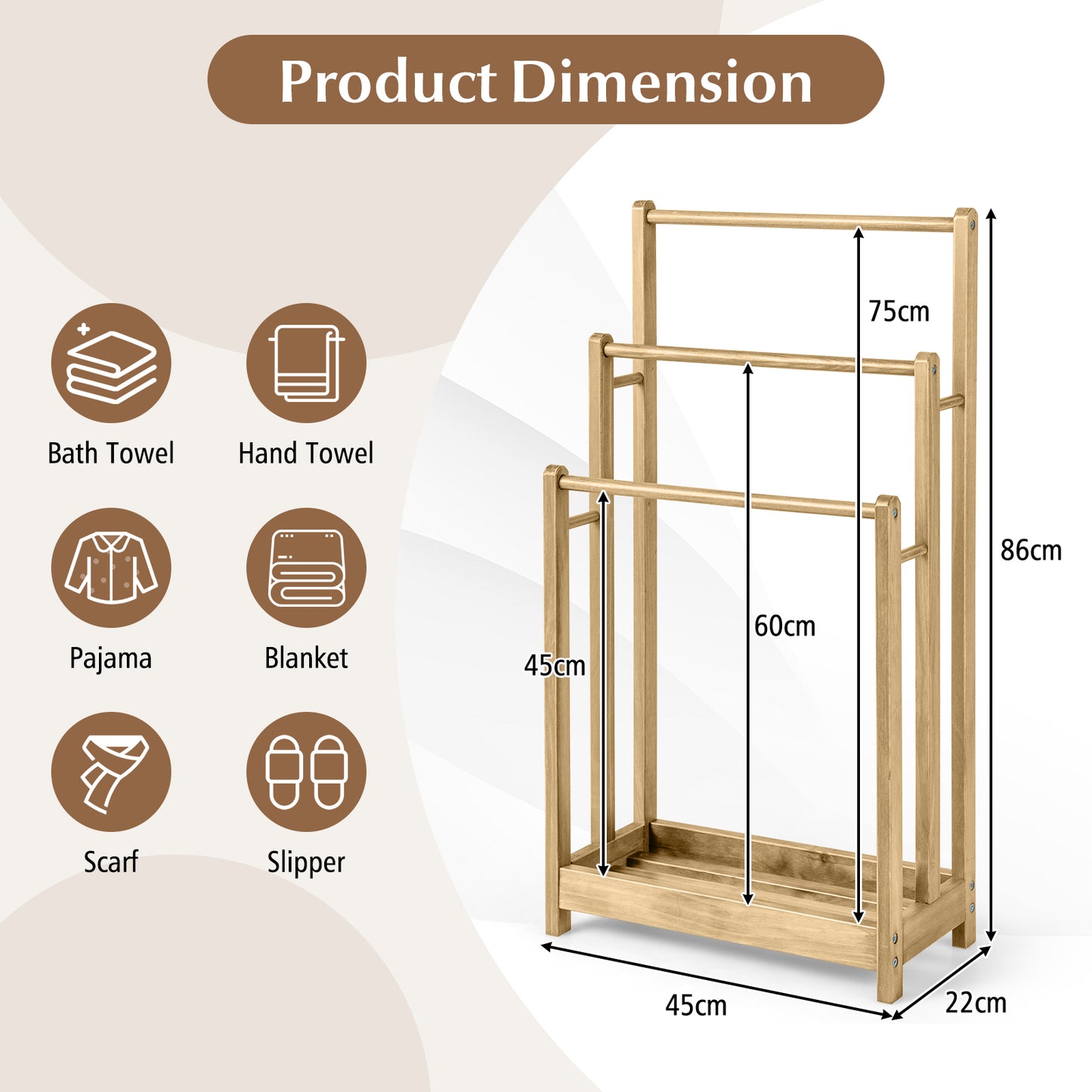 Freestanding Wood Towel Rack with 3 Individual Bars and Bottom Storage Shelf-Natural