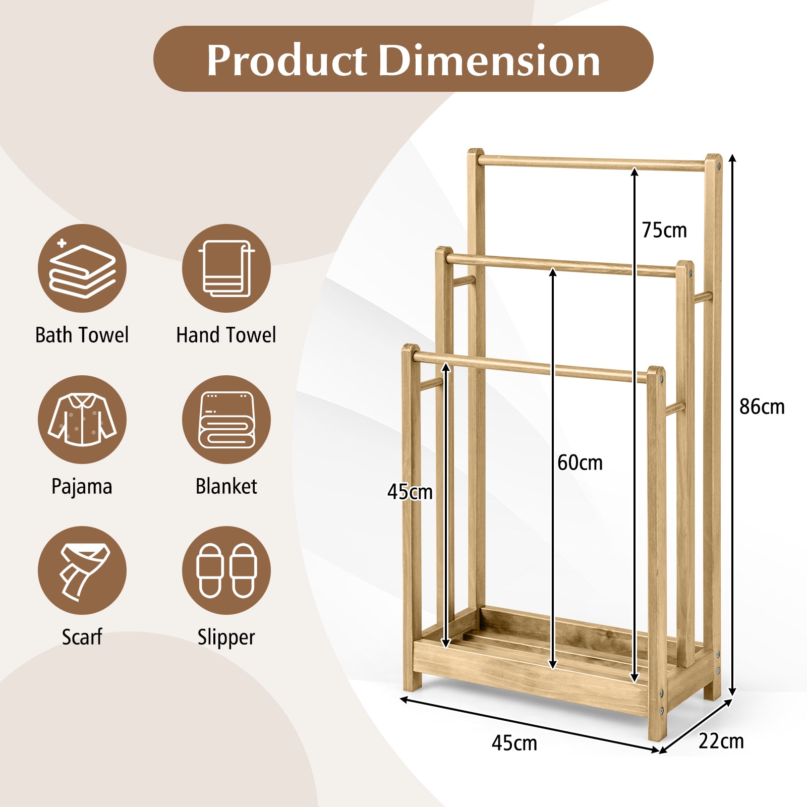 Freestanding Wood Towel Rack with 3 Individual Bars and Bottom Storage Shelf-Natural