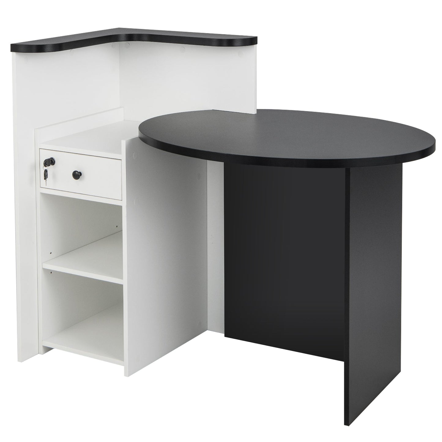 Front Reception Office Desk with Open Shelf and Lockable Drawer-Black & White