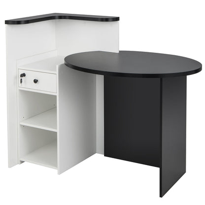 Front Reception Office Desk with Open Shelf and Lockable Drawer-Black & White
