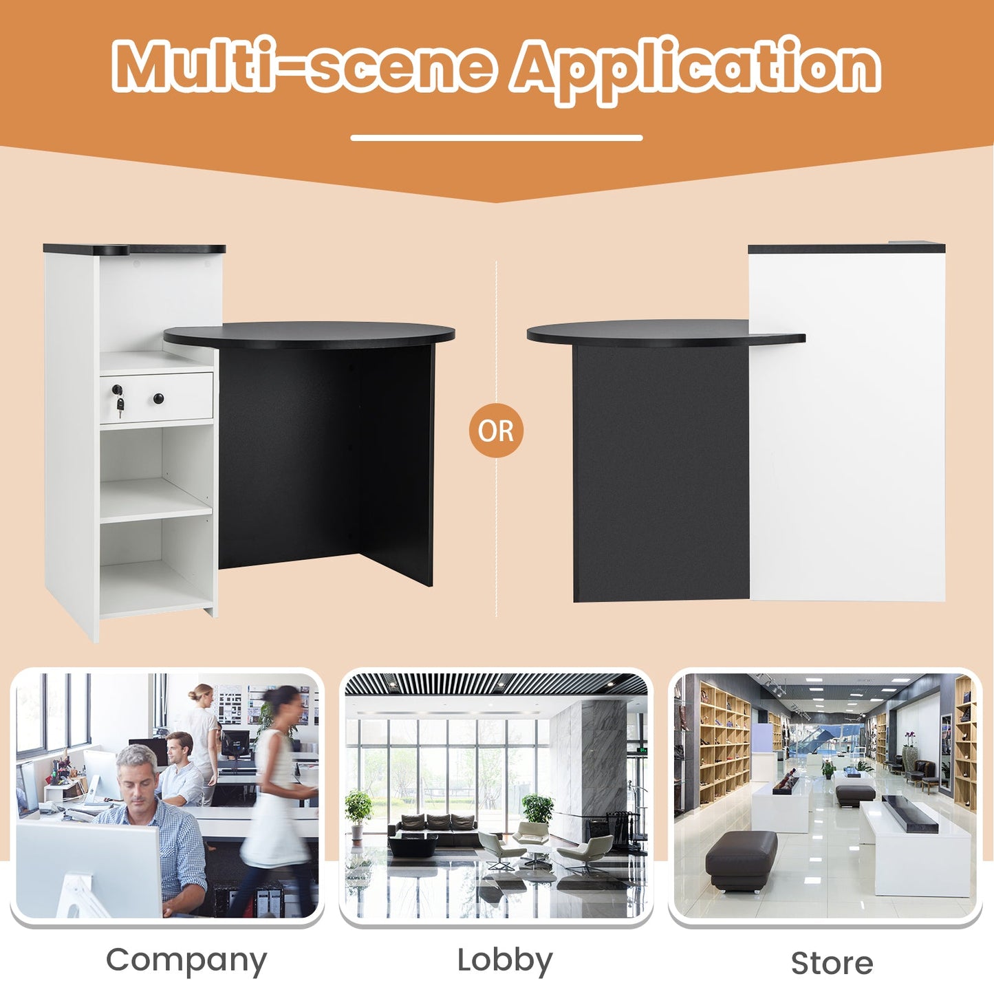 Front Reception Office Desk with Open Shelf and Lockable Drawer-Black & White