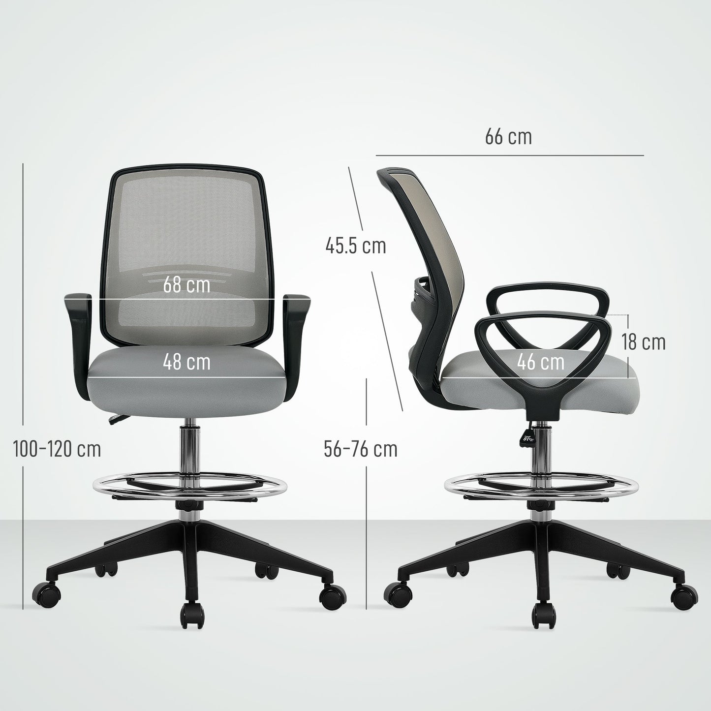Vinsetto 100-120cm Draughtsman Office Chair, with Footrest - Light Grey