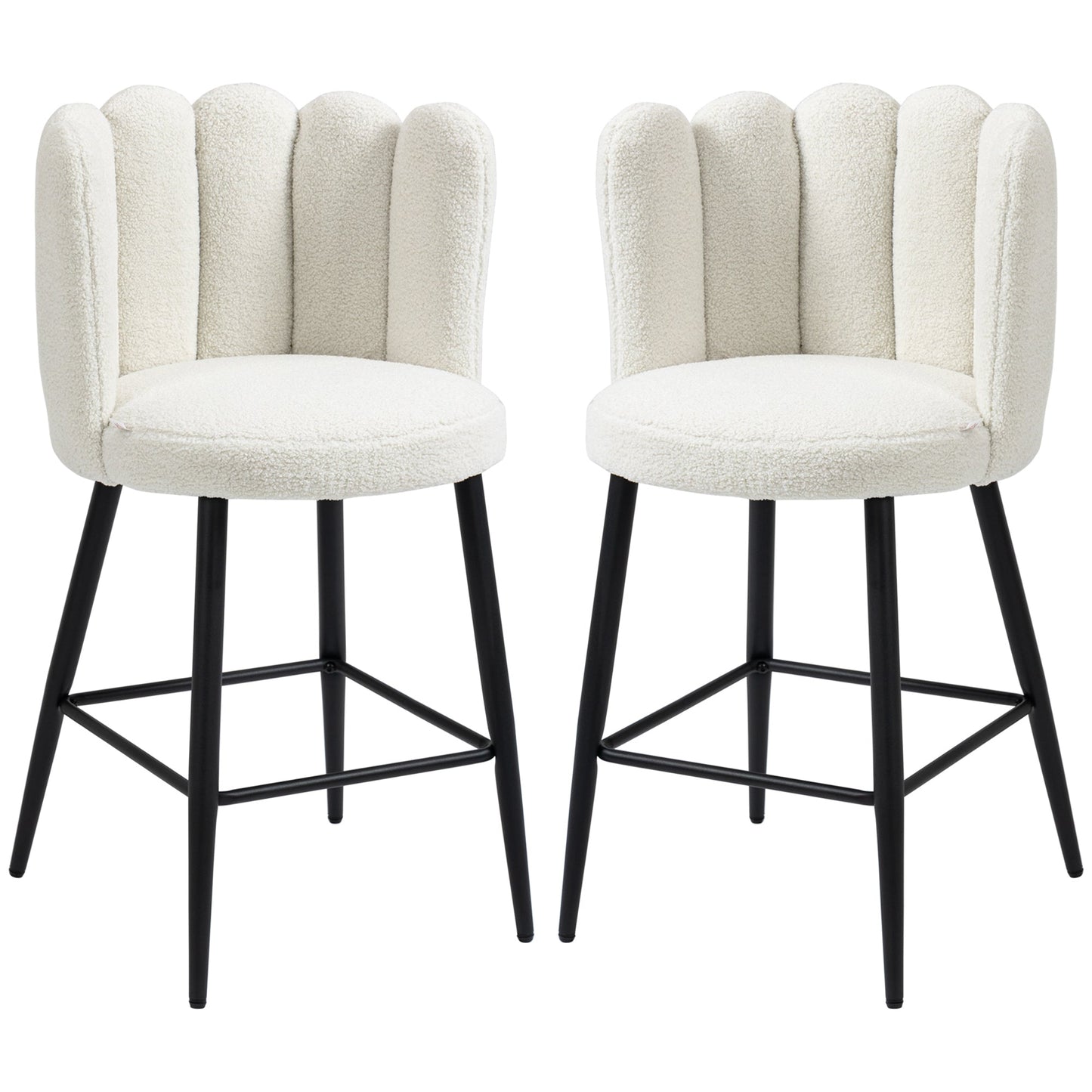 HOMCOM Bar Stools Set of 2, Faux Cashmere Upholstered Breakfast Bar Chairs, Modern Kitchen Stools with Backs, Footrest and Steel Base, Cream