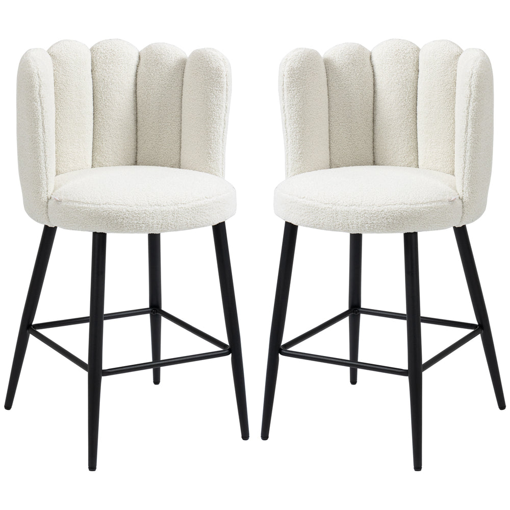 HOMCOM Bar Stools Set of 2, Faux Cashmere Upholstered Breakfast Bar Chairs, Modern Kitchen Stools with Backs, Footrest and Steel Base, Cream
