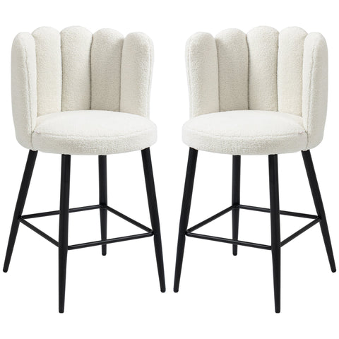 HOMCOM Bar Stools Set of 2, Faux Cashmere Upholstered Breakfast Bar Chairs, Modern Kitchen Stools with Backs, Footrest and Steel Base, Cream