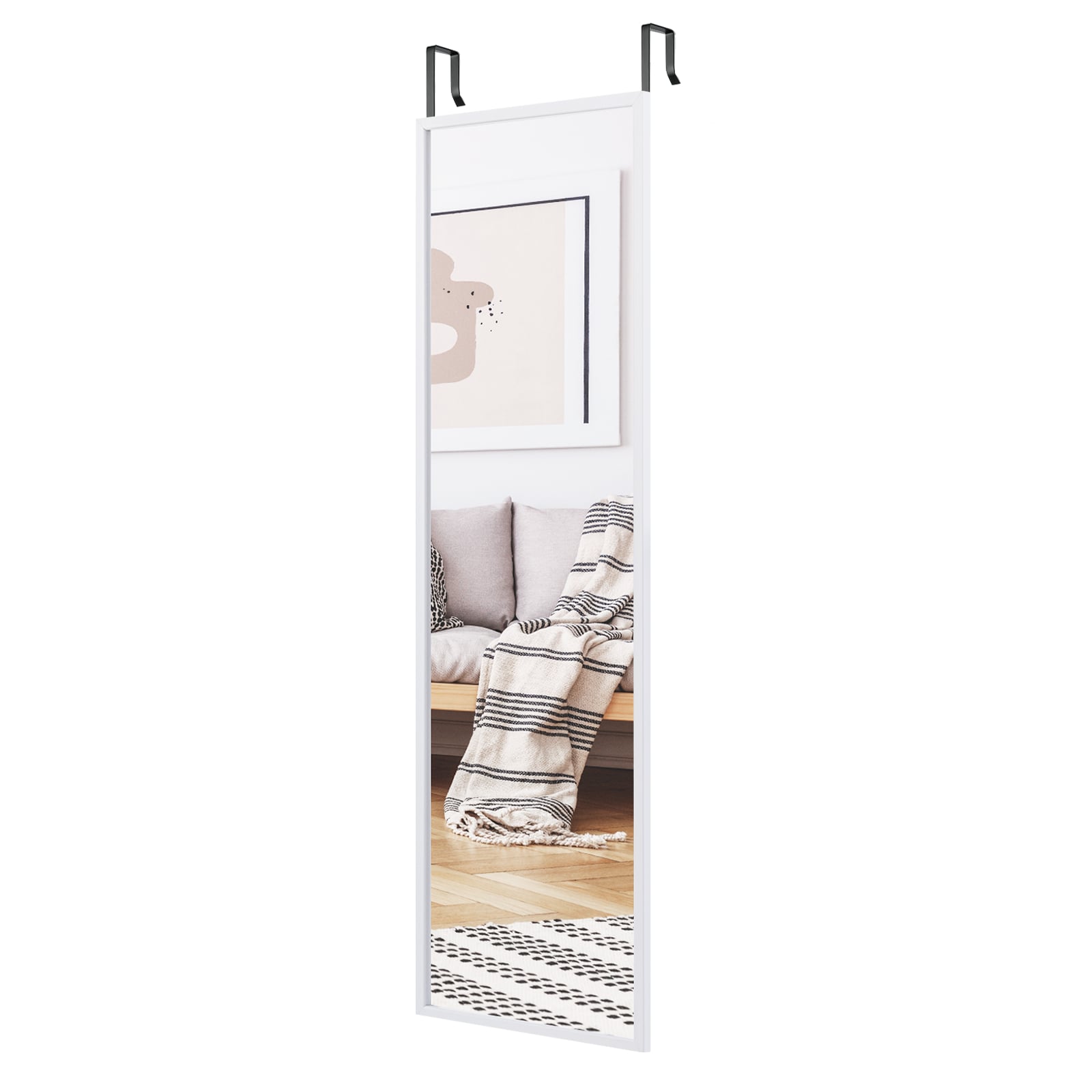 Full Length Wall-Mounted Mirror with Height Adjusting Hooks-White