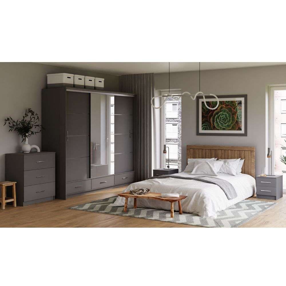 Warrington Bedroom Set Large 250cm Wardrobe, Bedside and Chest - Grey