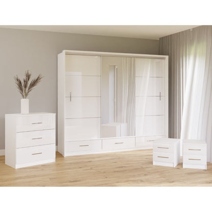 Warrington Bedroom Set Large 250cm Wardrobe, Bedside and Chest - White