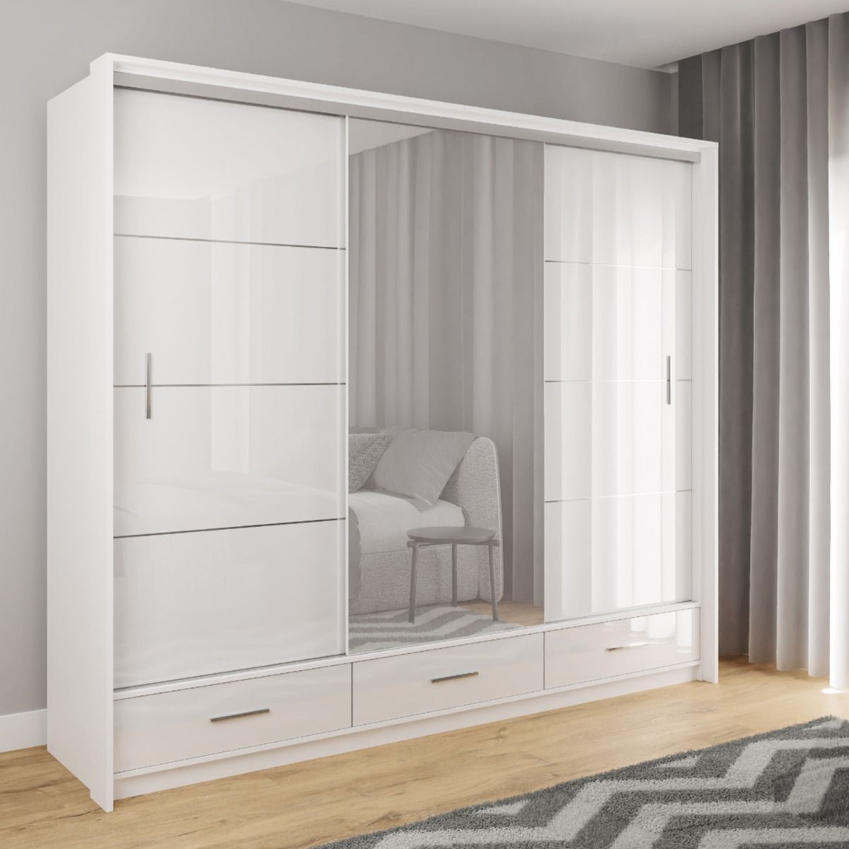 Warrington Sliding Door 255cm Mirror Wardrobe with 3 Drawers - Graphite, Black, White