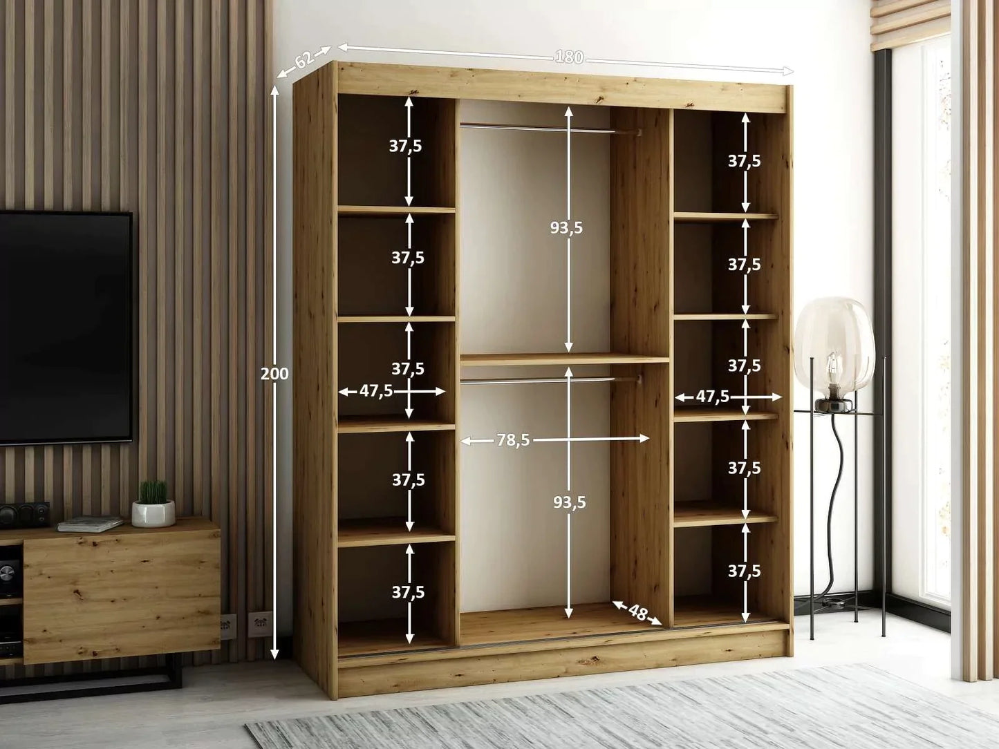 Gloucester II 180cm Sliding Door Wardrobe with Mirror - Black, Artisan Oak, White