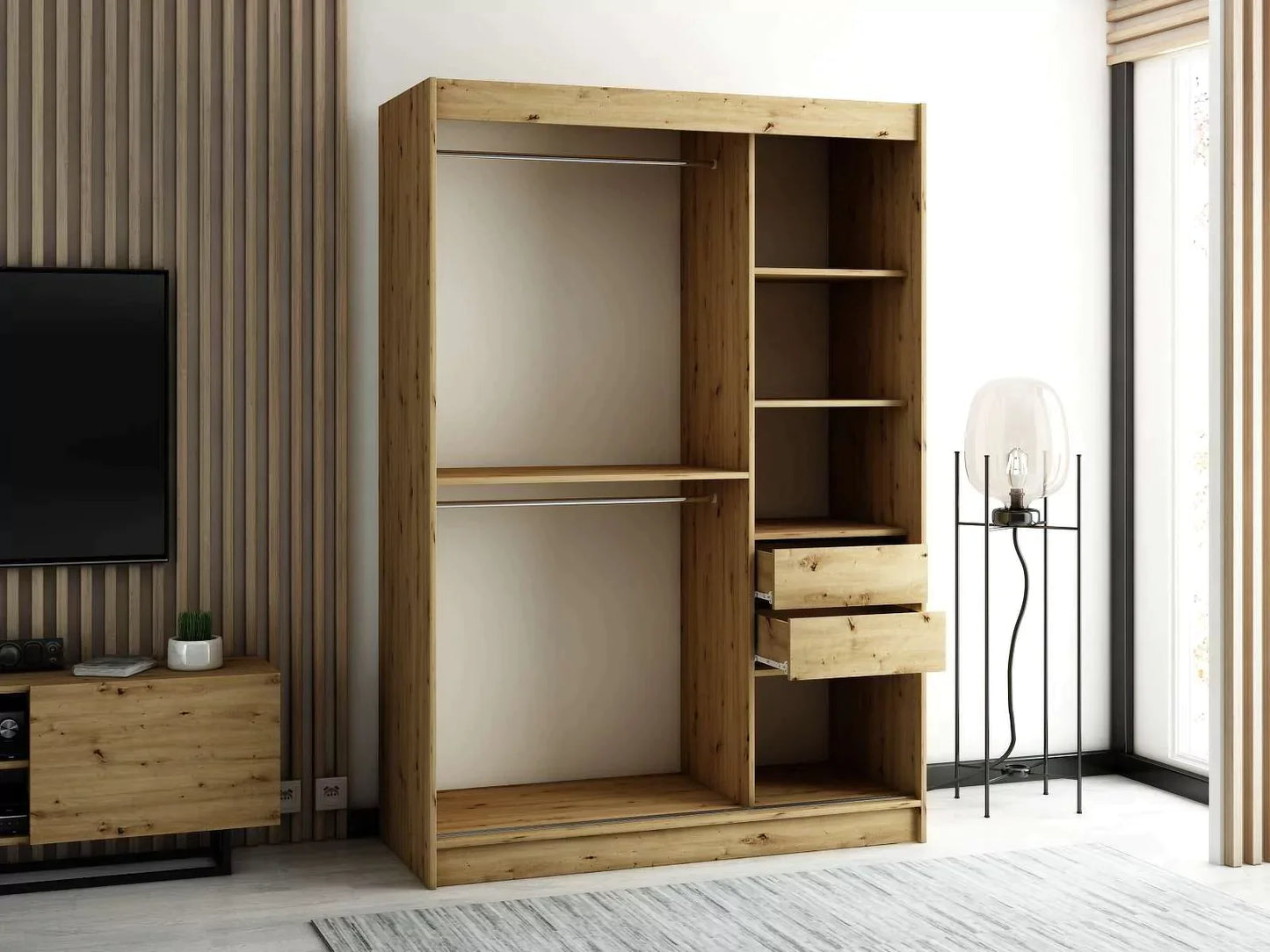 Gloucester II 150cm Sliding Door Wardrobe with Mirror - Artisan Oak, Black, White