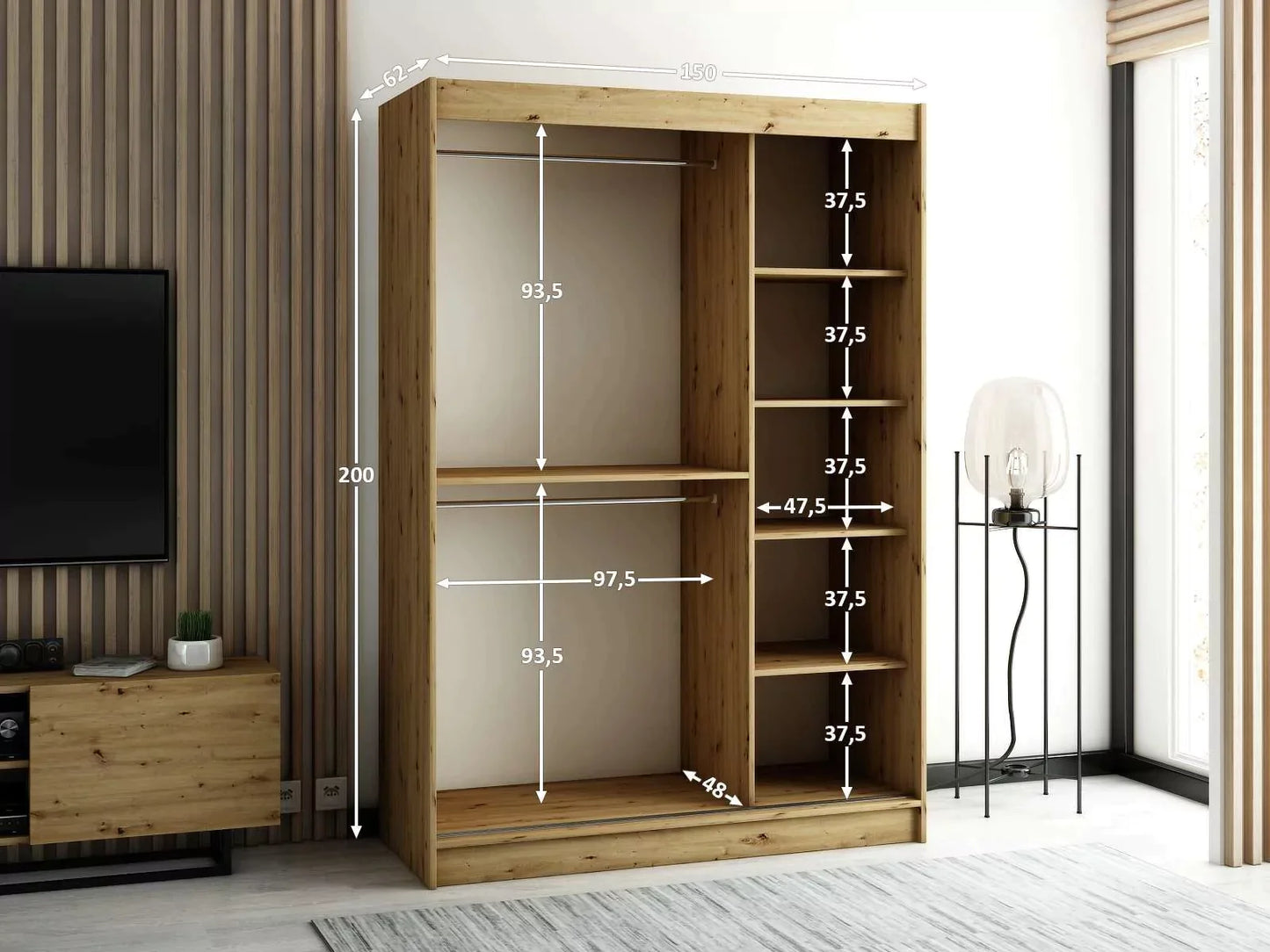 Gloucester II 150cm Sliding Door Wardrobe with Mirror - Artisan Oak, Black, White