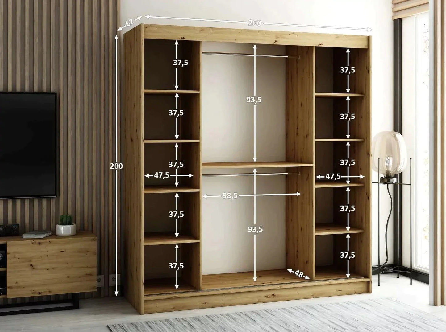 Gloucester II 200cm Sliding Door Wardrobe with Mirror - Artisan Oak, Black, White