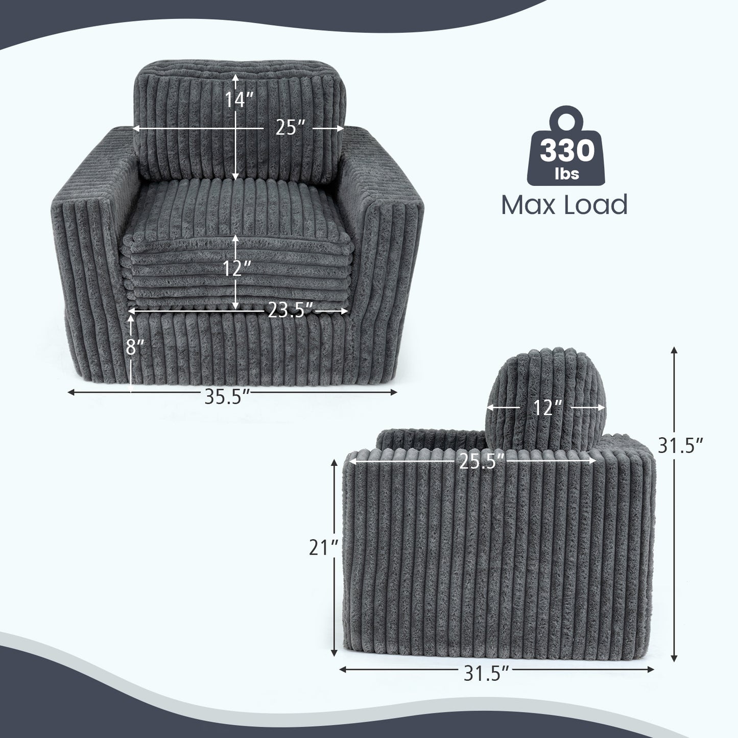 Furry Boneless Couch for Small Spaces with Removable Cover and Pillow-Grey