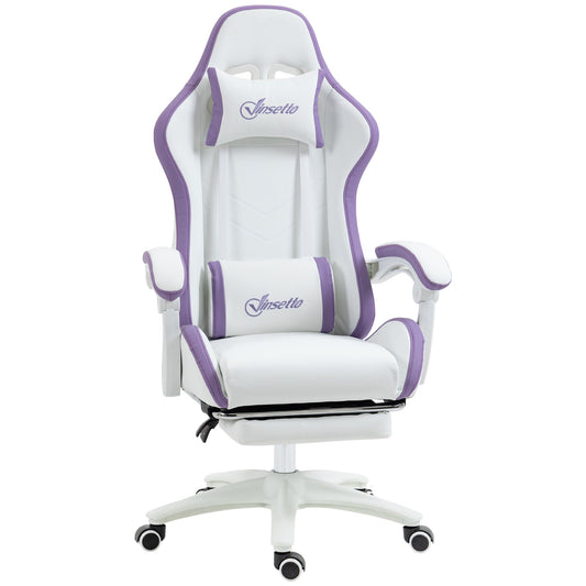 Vinsetto Computer Gaming Chair, PU Leather Office Desk Chair with Footrest, Swivel Wheels, 135 Reclining Back, Lumbar Support, Headrest for Home, White and Purple