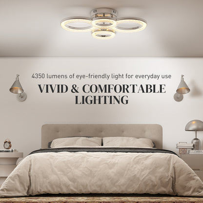 HOMCOM LED Ceiling Light, Modern 4 Rings Ceiling Lamp with Wall Switch Control, 40W 4350lm Flush Mount Ceiling Light with 3500K/4500K/6000K Colour Temperatures for Living Room, Bedroom, Silver Tone