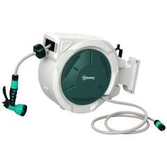 Outsunny Retractable Hose Reel Wall Mounted, 30+2m Garden Hose Pipe Reel with Lock, Auto Rewind, 7 in 1 Spray Nozzle, Includes Wall Fixings, 180 Swivel, Outdoor Watering, Grey