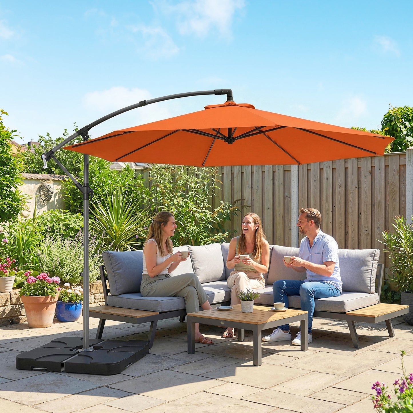 Outsunny 3m Overhanging Parasol, with Base, Weights and Cover - Orange