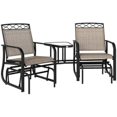 Outsunny Double Outdoor Glider Chair, 2 Seater Patio Rocking Chairs, Swing Bench with Tempered Glass Table, Breathable Mesh Fabric for Backyard, Garden, Porch, Brown