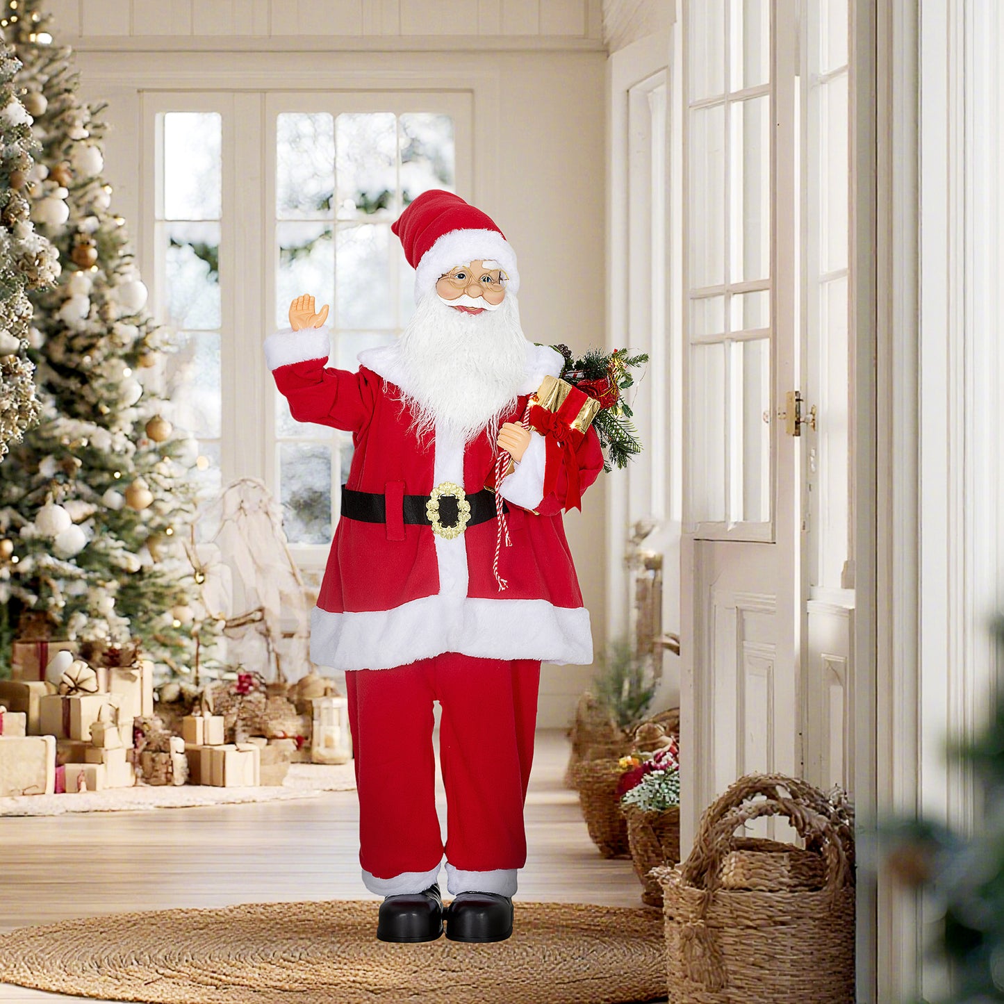 HOMCOM Life Size Santa Claus Christmas Decoration, Voice-Activated with Twinkling LED Lights, Red