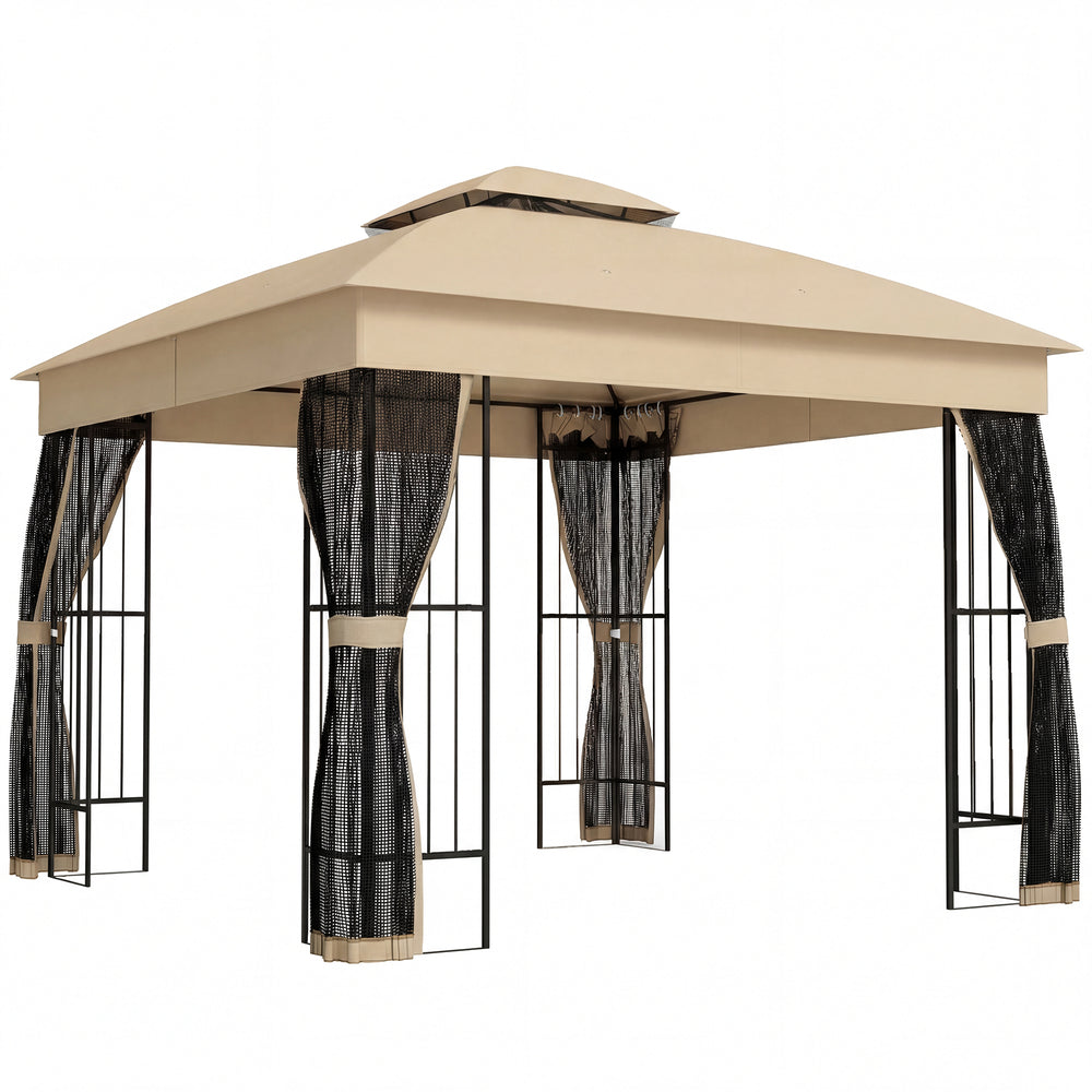Outsunny 3 x 3 m Outdoor Garden Gazebo with Post Shelves, UPF50+ Double Roof Patio Permanent Pavilion, Brown