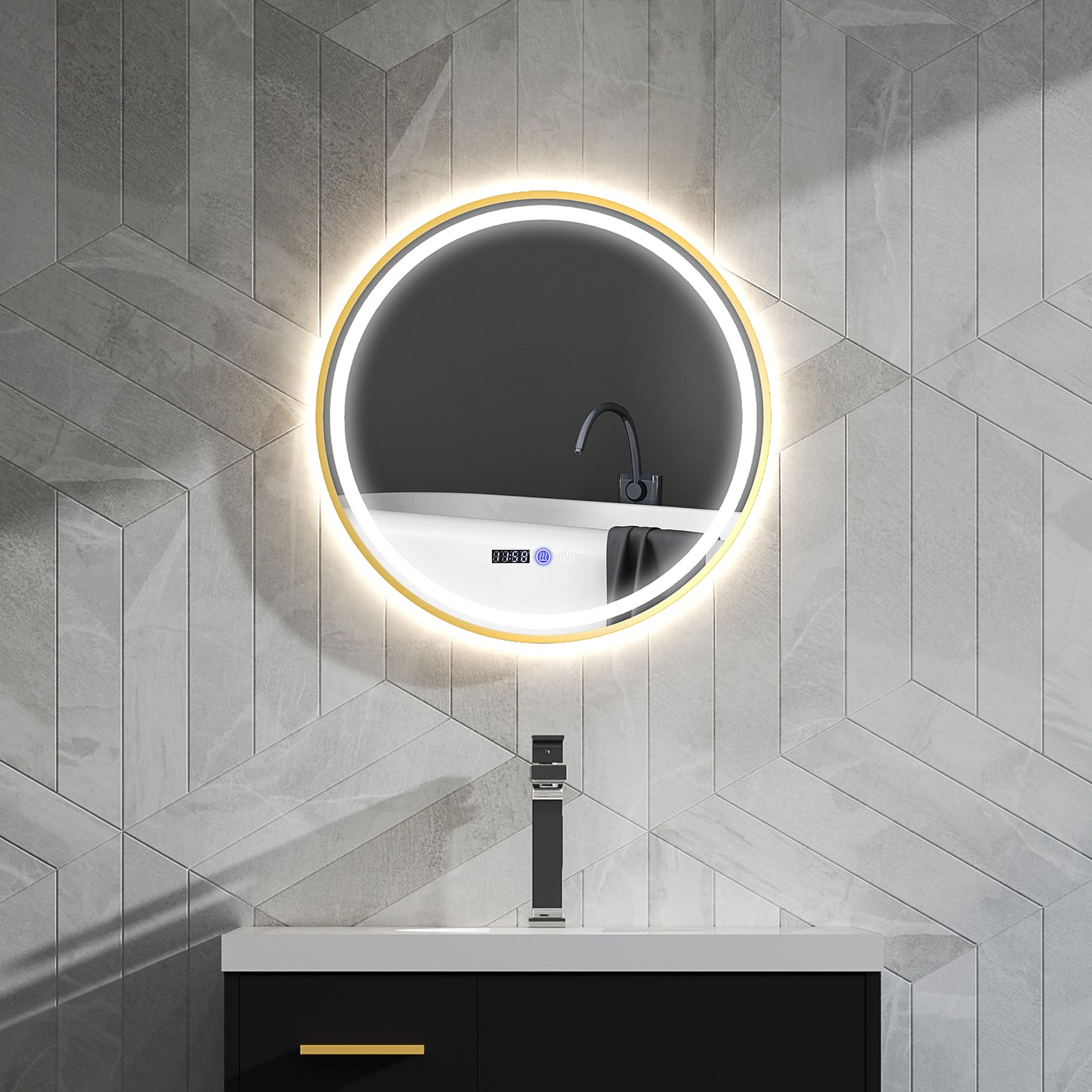 HOMCOM Round Bathroom Mirror with LED Lights, 600mm Backlit Illuminated Bathroom Mirror, Dimmable Wall Mounted Vanity Mirror with Demister Pad, Touch Switch, Time and Temp Display, Gold Tone