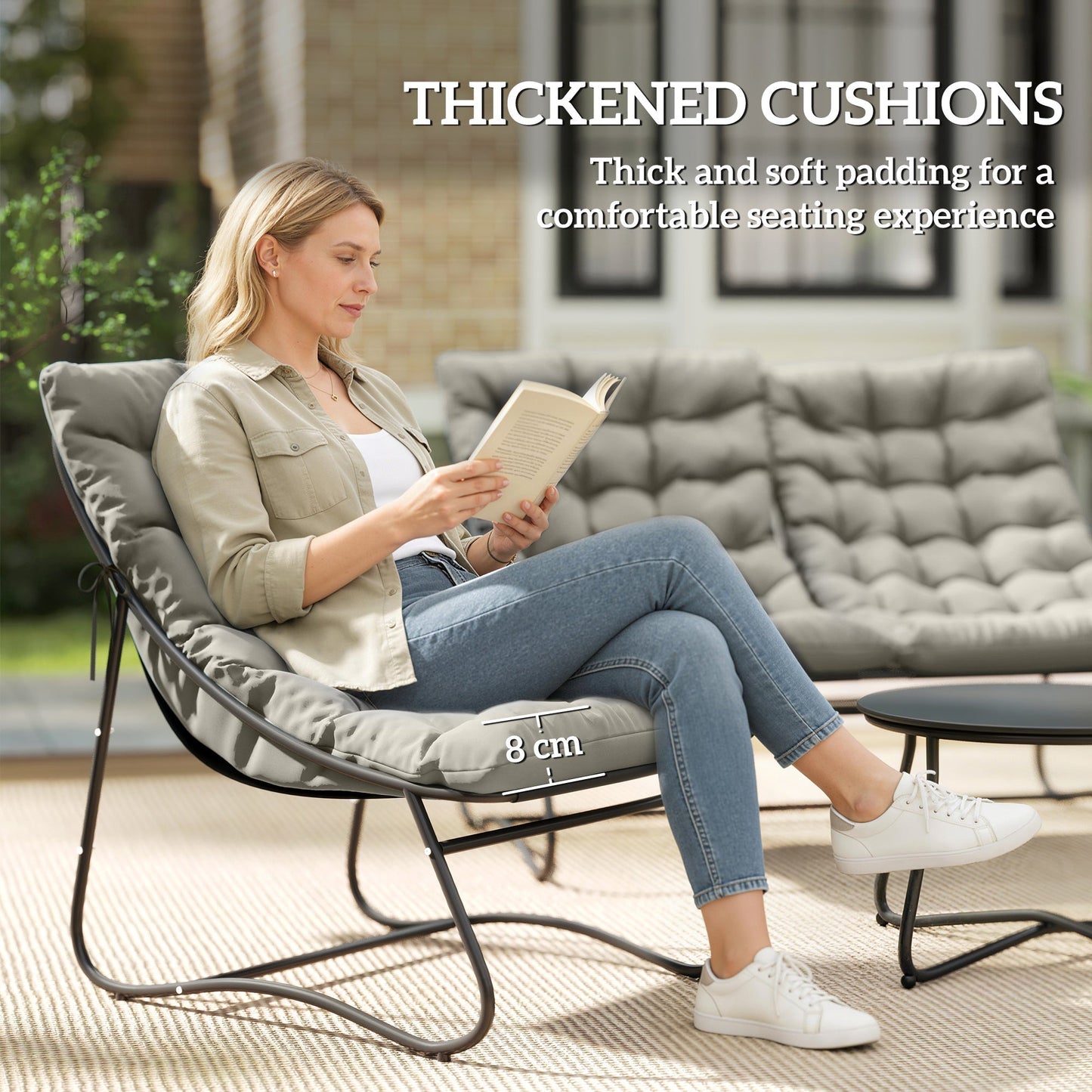 Outsunny 4 Seater Garden Furniture Set, Conversation Set with Loveseat Sofa, Chairs, Glass Coffee Table, Thick Cushions, Steel Outdoor Sofa for Balcony, Poolside, Conservatory, Light Grey