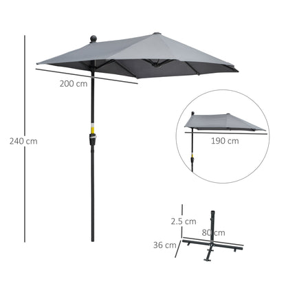 Outsunny 2m Half Parasol Market Umbrella Garden Balcony Parasol with Crank Handle, Base, Double-Sided Canopy, Dark Grey