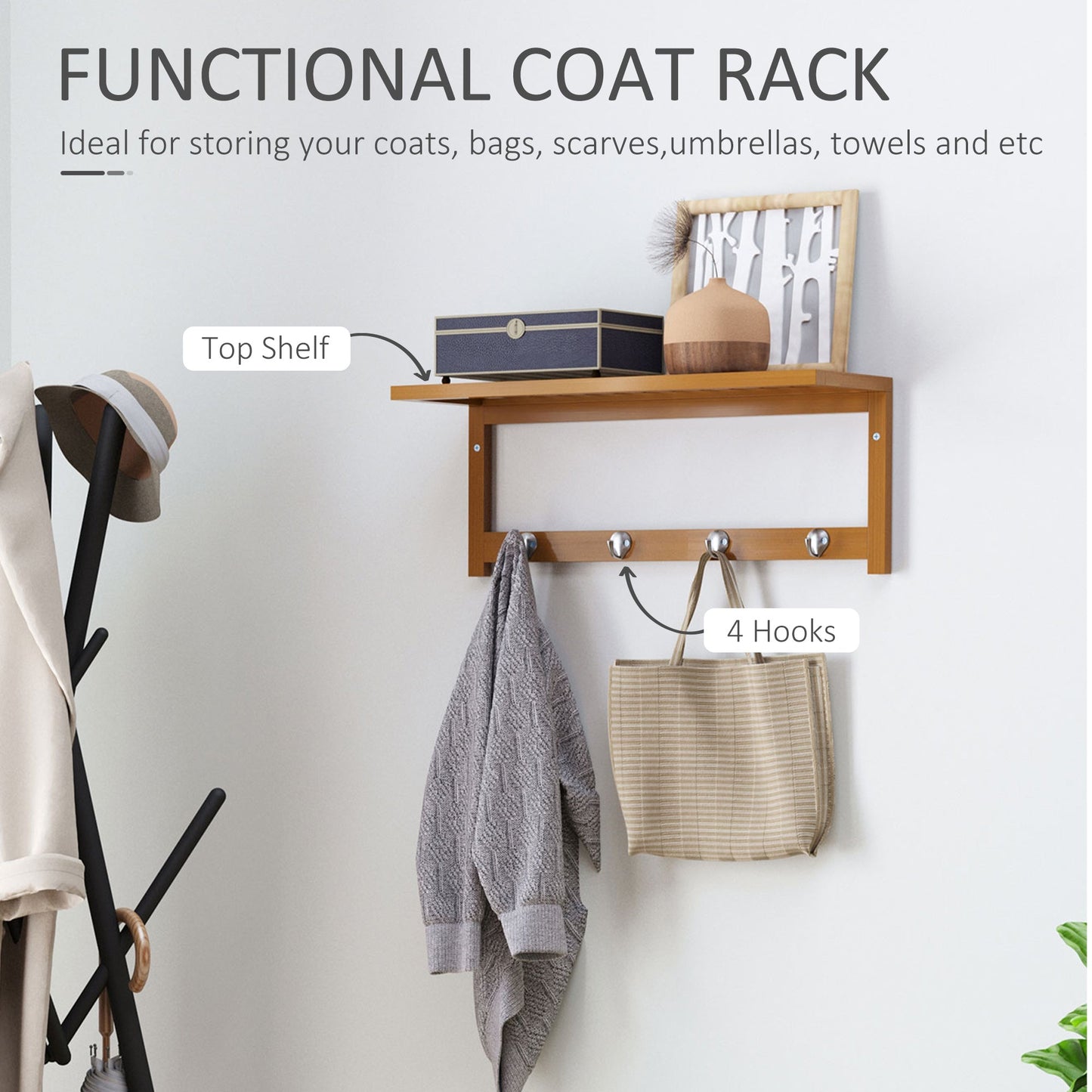 Wall Mounted Coat Clothes Hat Hanger 4 Hooks Rack Stand with Rail & Storage Shelf for Hallway Entryway Bedroom Bathroom