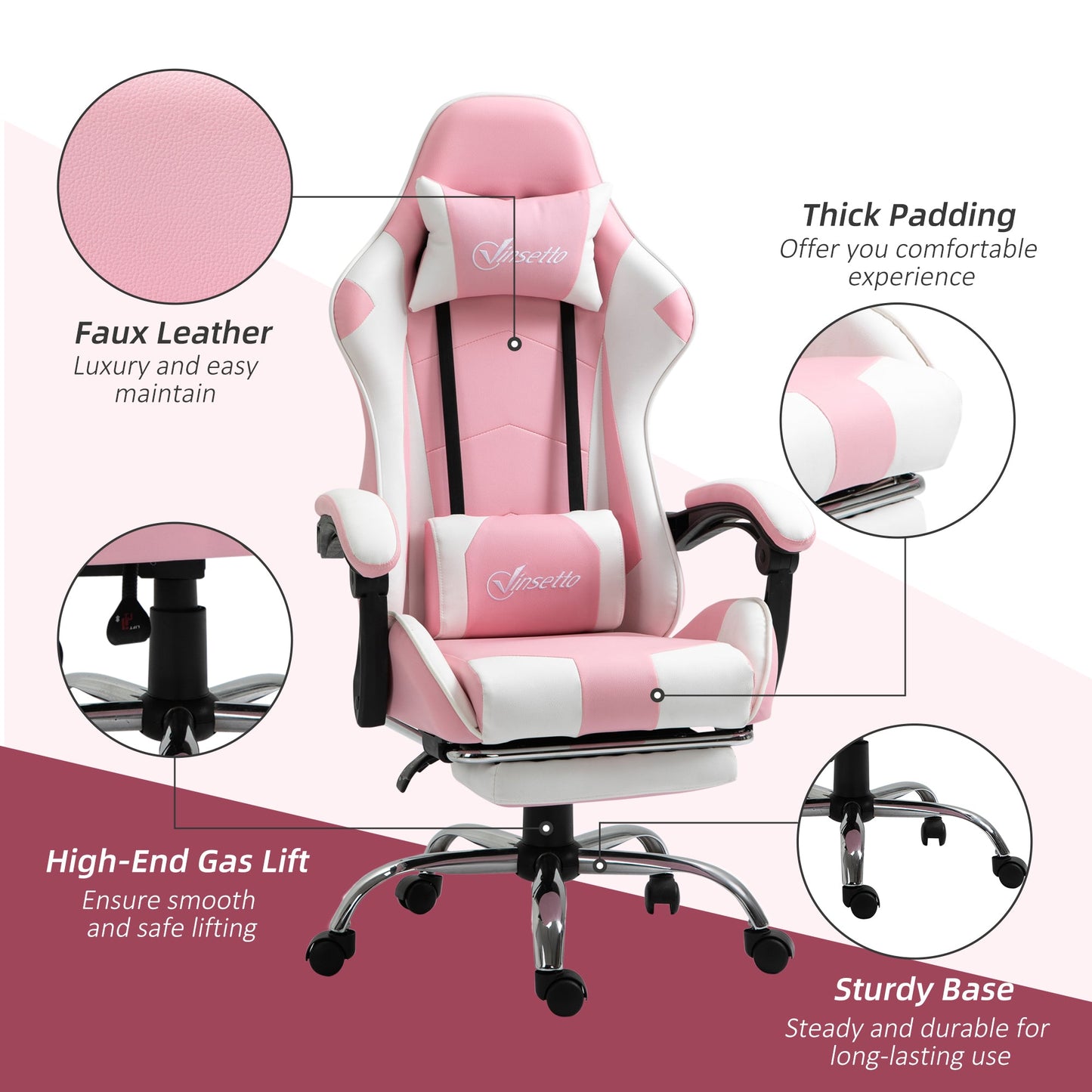 Vinsetto Pink Computer Gaming Chair, Desk Chair with 135¡ Reclining Back and Retractable Footrest, Adjustable PU Leather Lumbar Support and Headrest, Steel Base for Adults, Girls