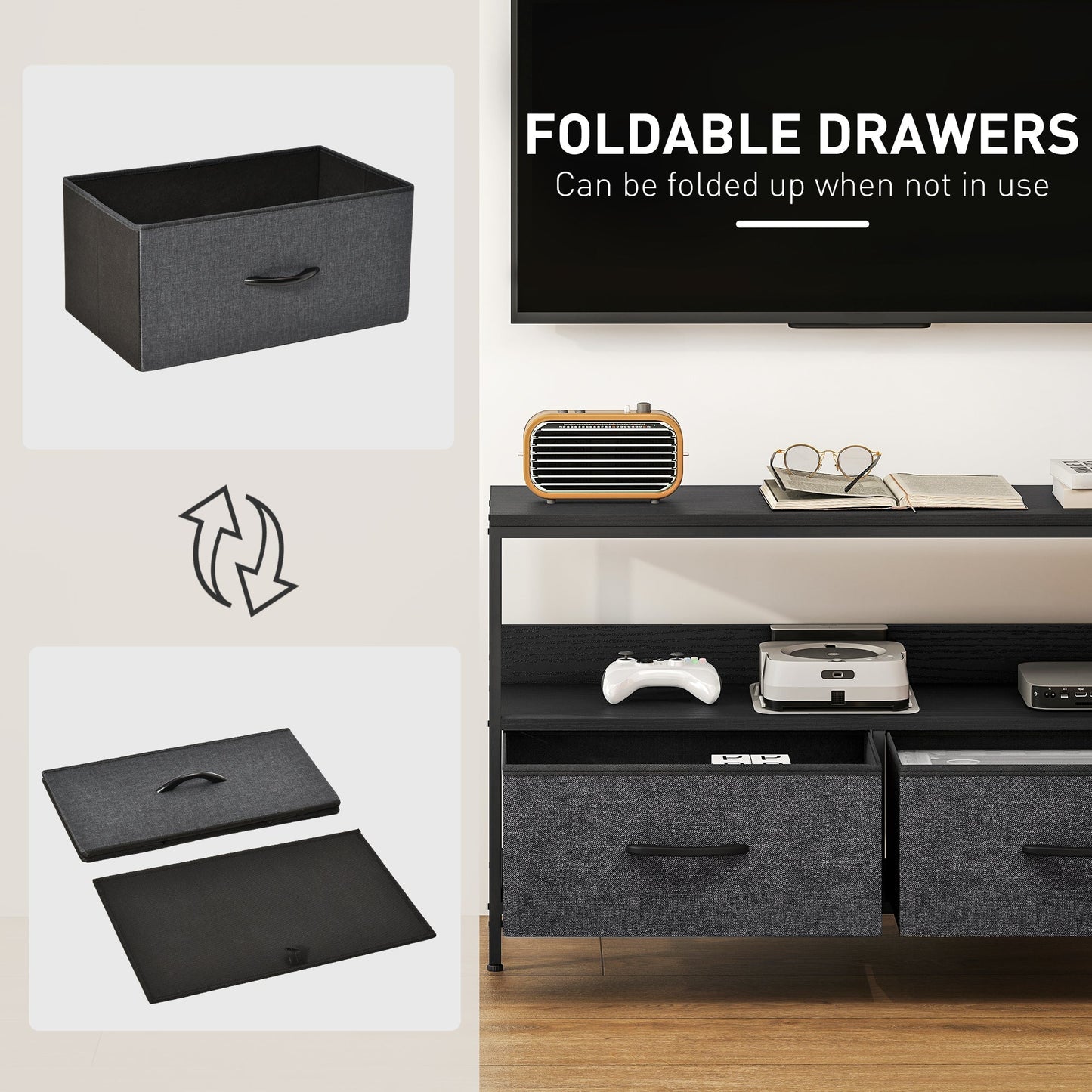 HOMCOM TV Stand Cabinet with 2 Foldable Drawers - Black