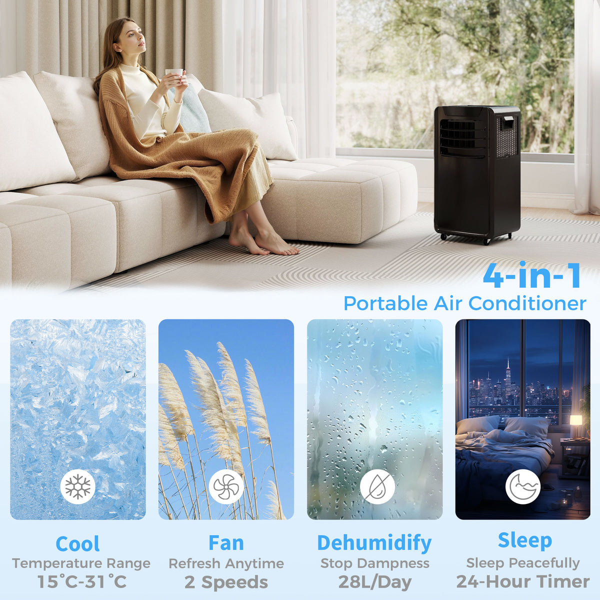 HOMCOM Air Conditioning Unit 10000 BTU, 4-in-1 Portable Air Conditioner with Remote Control, LED Display, 2 Speeds, Black