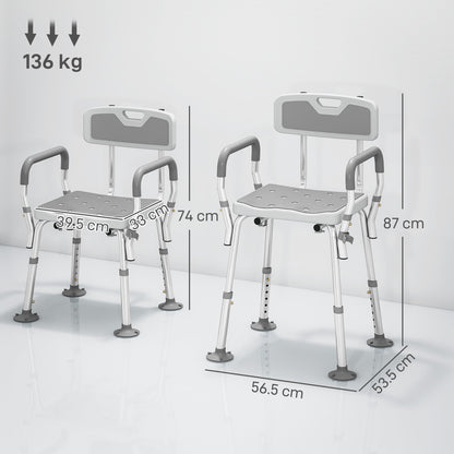 HOMCOM EVA Padded Shower Chair for the Elderly and Disabled, Height Adjustable Shower Stool with Back and Arms, 4 Suction Foot Pads, Light Grey