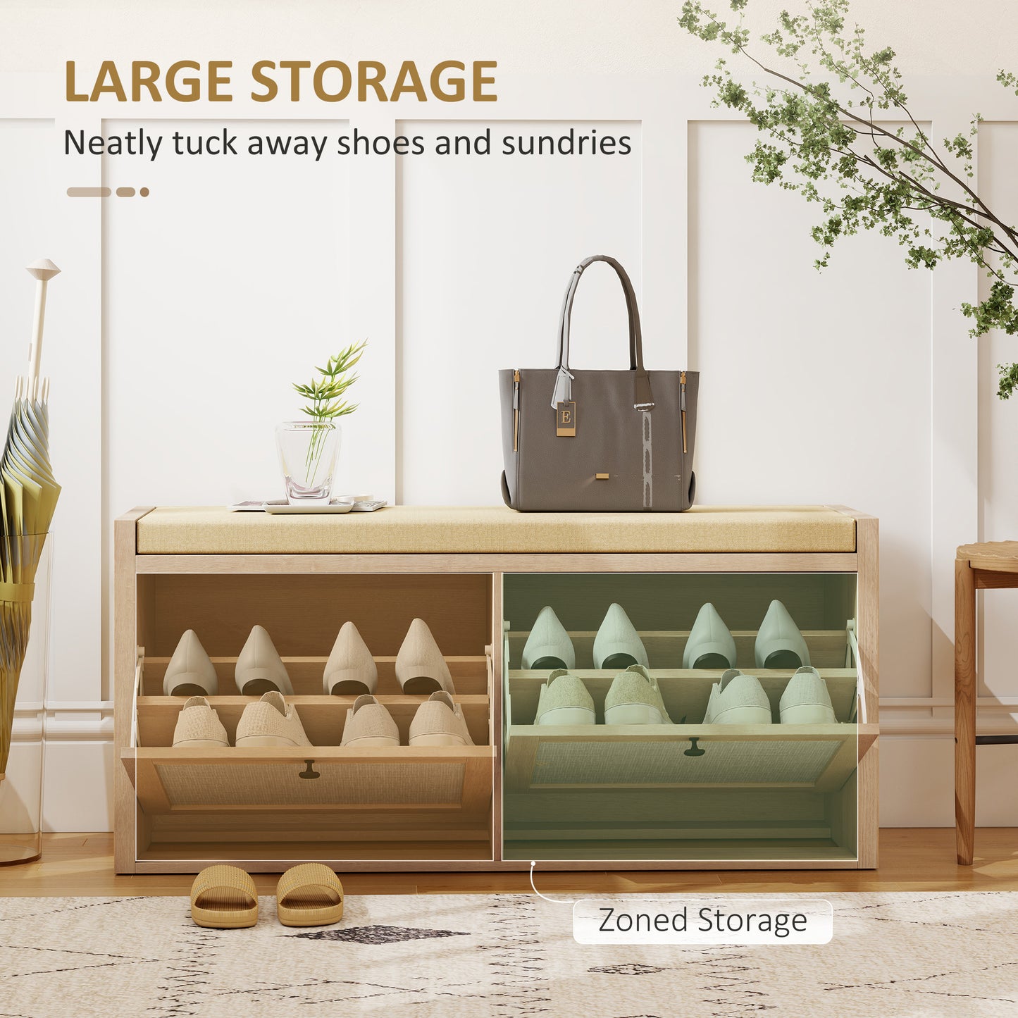 HOMCOM Rattan Shoe Bench with Padded Cushion and 2 Cabinets for Hidden Storage, Oak Wood Effect