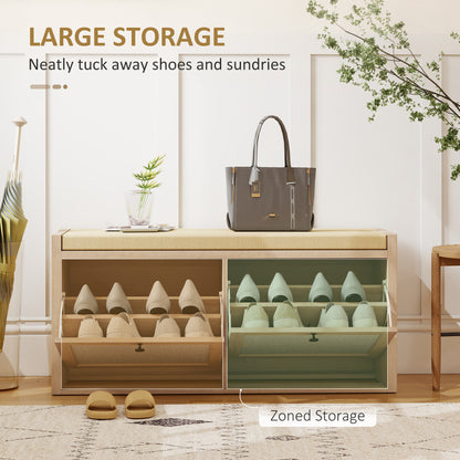 HOMCOM Rattan Shoe Bench with Padded Cushion and 2 Cabinets for Hidden Storage, Oak Wood Effect