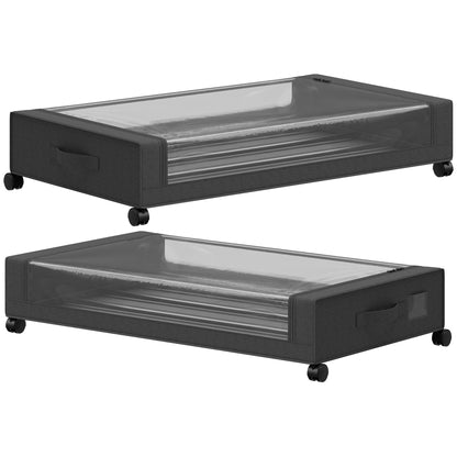 HOMCOM 40L Under Bed Storage On Wheels Pack of 2, Fabric Rolling Under Bed Drawers with Clear Lid, Zip, Steel Frame, Black