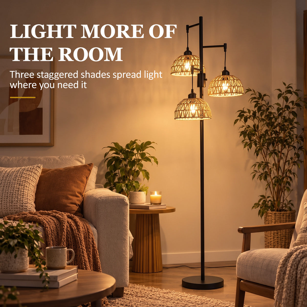HOMCOM 3-Light Floor Lamp, Standing Lamp with Paper Rope Shades, 4-Stage Rotary Switch for Living Room, Bedroom, Study