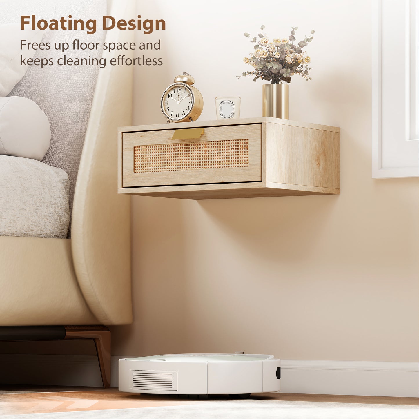 HOMCOM Floating Bedside Tables Set of 2, Wall Mounted Bedside Cabinets with Rattan Drawer and Wood Effect, Oak