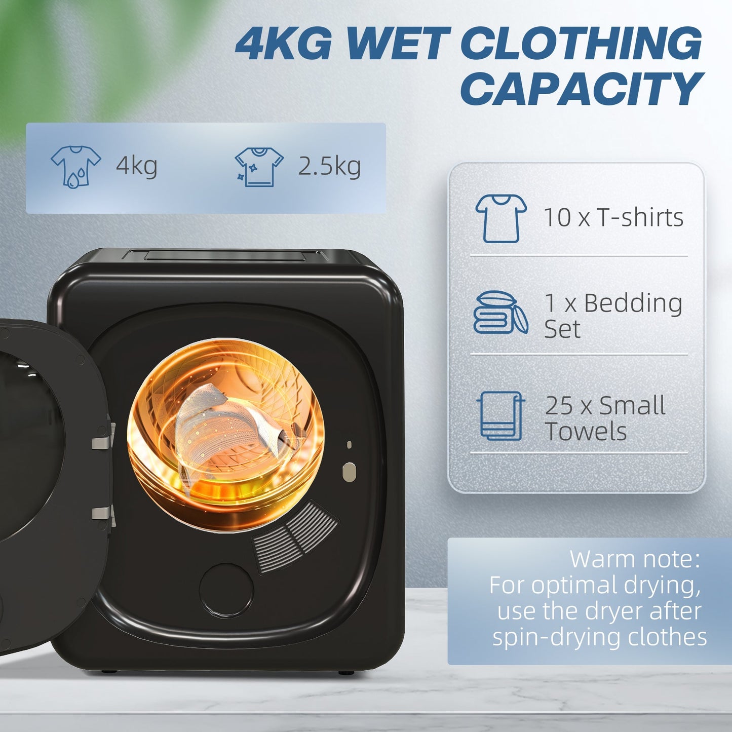 HOMCOM 4kg Vented Tumble Dryer with Deodorize, Smart Mode, 800W Compact Tumble Dryer with Stainless Steel Tub, Front Load, for Flat, Home, RVs, Black