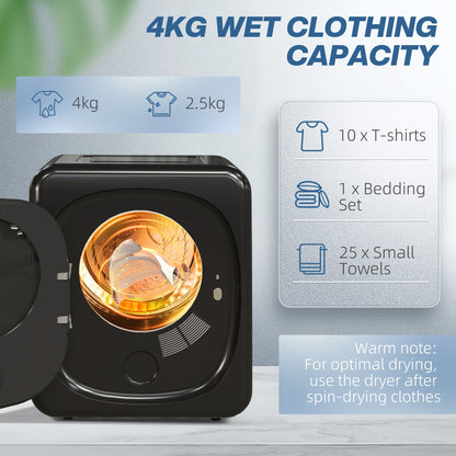 HOMCOM 4kg Vented Tumble Dryer with Deodorize, Smart Mode, 800W Compact Tumble Dryer with Stainless Steel Tub, Front Load, for Flat, Home, RVs, Black