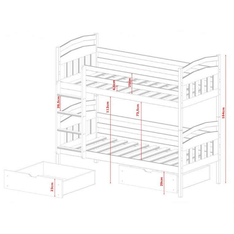White bunk bed with dimensions marked on a white background