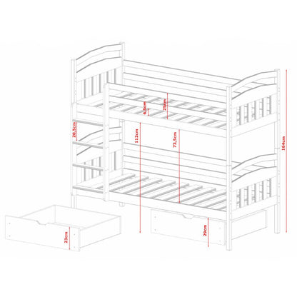 White bunk bed with dimensions marked on a white background