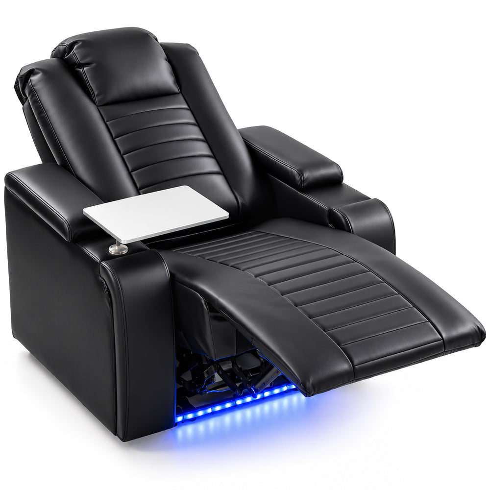 HOMCOM Electric Recliner Armchair w/ Type C+USB, LED Light, PU Leather Cinema Recliner Chair w/ Storage, Tray Table, Black