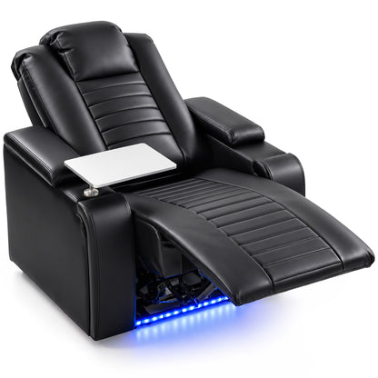 HOMCOM Electric Recliner Armchair w/ Type C+USB, LED Light, PU Leather Cinema Recliner Chair w/ Storage, Tray Table, Black