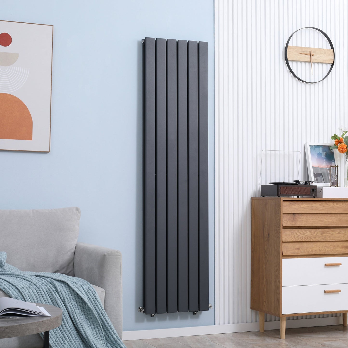 HOMCOM 456 x 1800 mm Double Panel Vertical Designer Radiator, Centralised Space Heater, Wall-mounted Heater Water-filled Heat, for Bedroom, Home Office, Grey