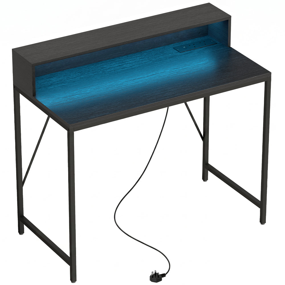 HOMCOM Gaming Desk, 100cm Computer Desk with LED Lights, Power Outlets, Monitor Stand and Remote, Black Wood-Effect